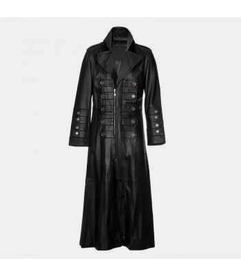 Men Gothic Steampunk Long Leather Coat | Men Genuine Leather Military Trench Coat with Brass Details